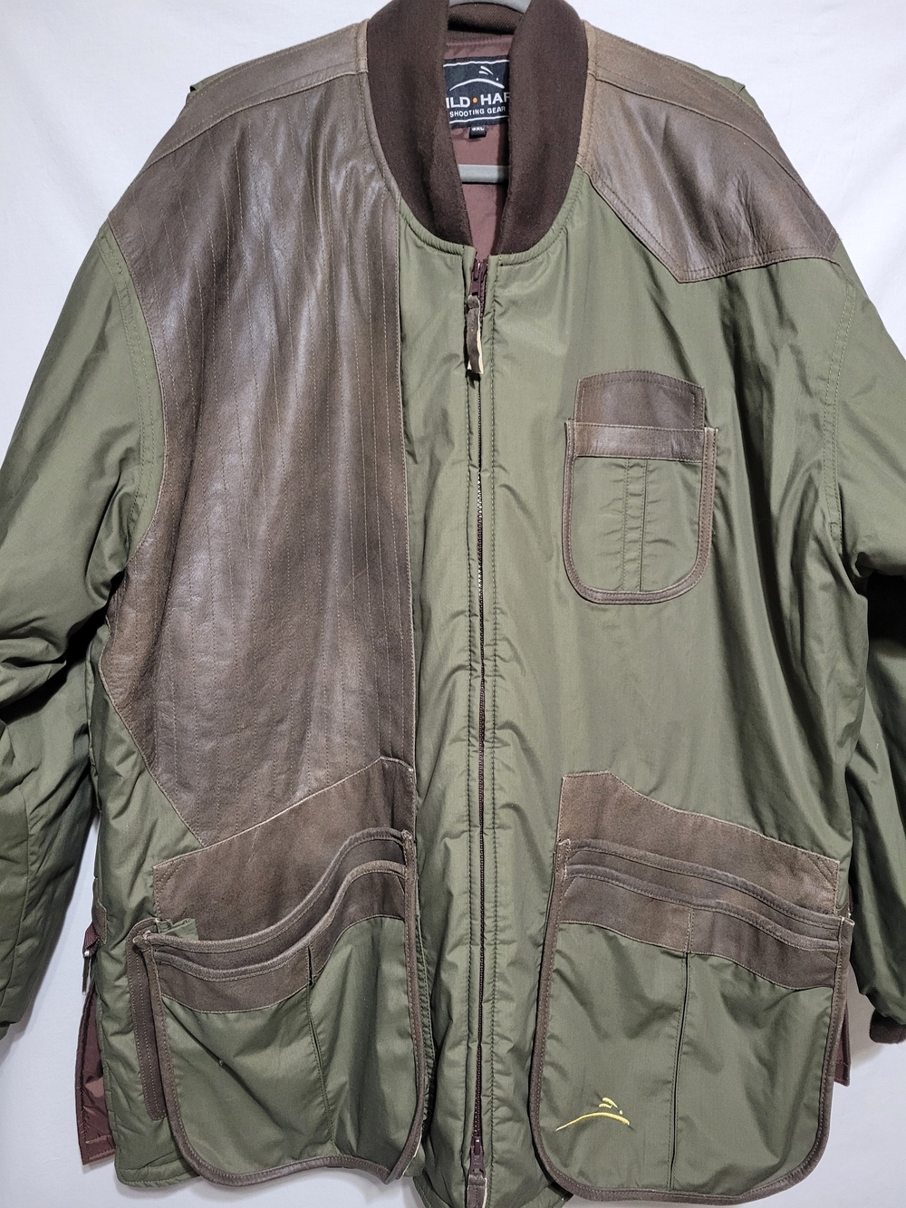 Wild Hare Cold Weather Shooting Coat Olive with Brown Distressed Leather